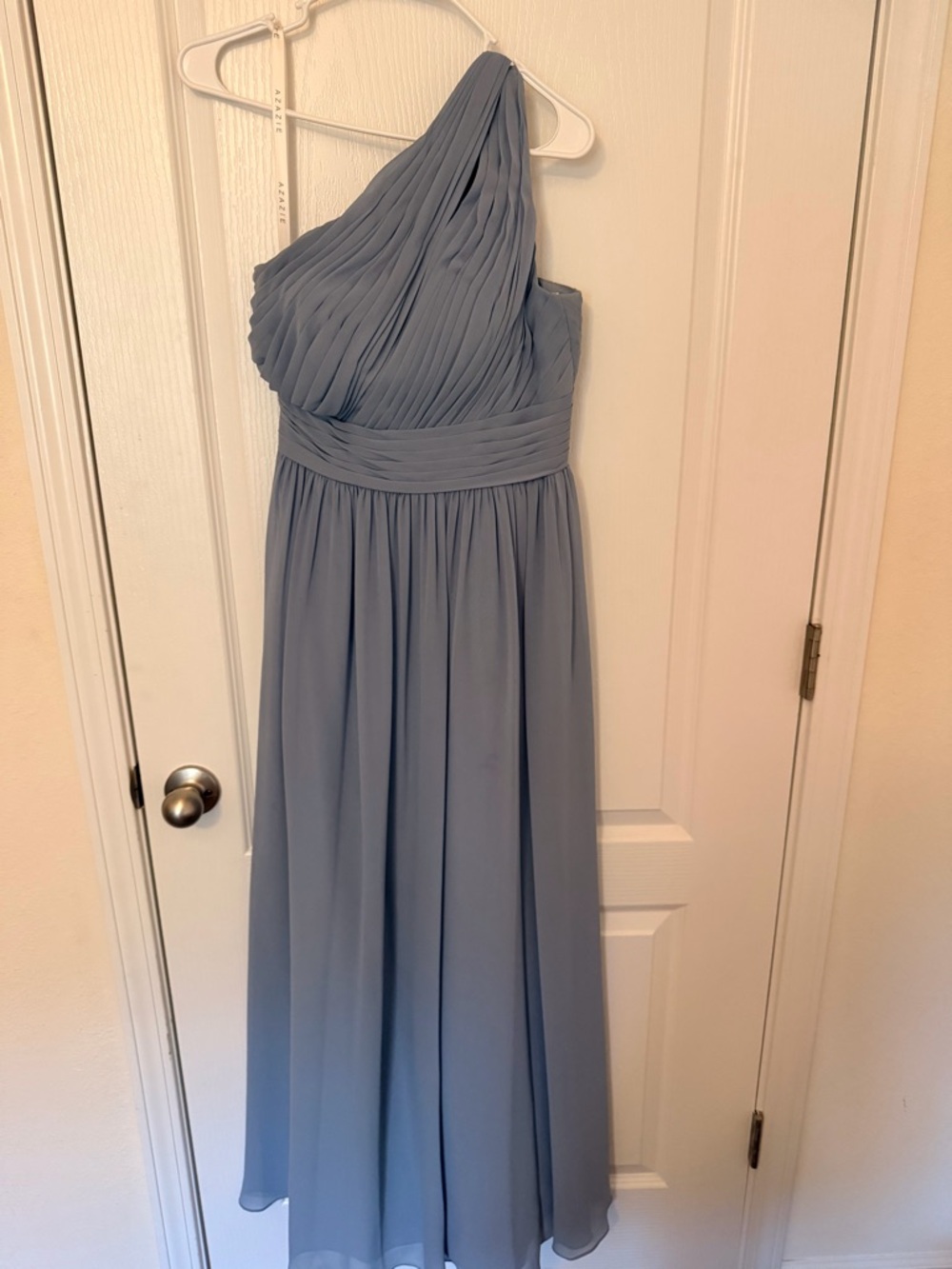 Azazie One-Shoulder Pleated Maxi Dress in Dusty Blue